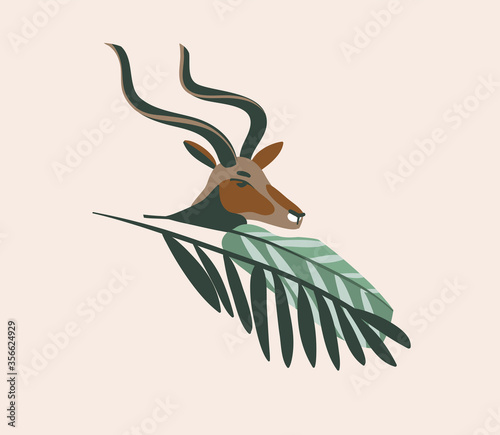 Hand drawn vector stock abstract graphic illustration with African wild antelope head cartoon animal design isolated on background