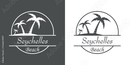 Símbolo destino de vacaciones. Icono plano texto Seychelles Beach en círculo con playa y palmeras en fondo gris y fondo blanco