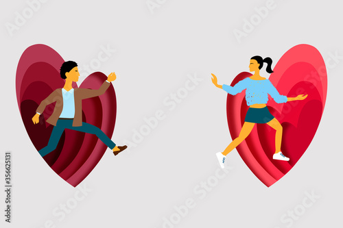 Leaving a toxic relationship to start a new life is the concept of ending an abusive relationship. Gap in the pair. A girl escapes from a heart shaped hole