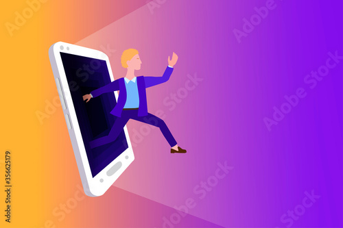 Escape from social media addiction. guy runs out of the smartphone screen. Digital detox, concept
