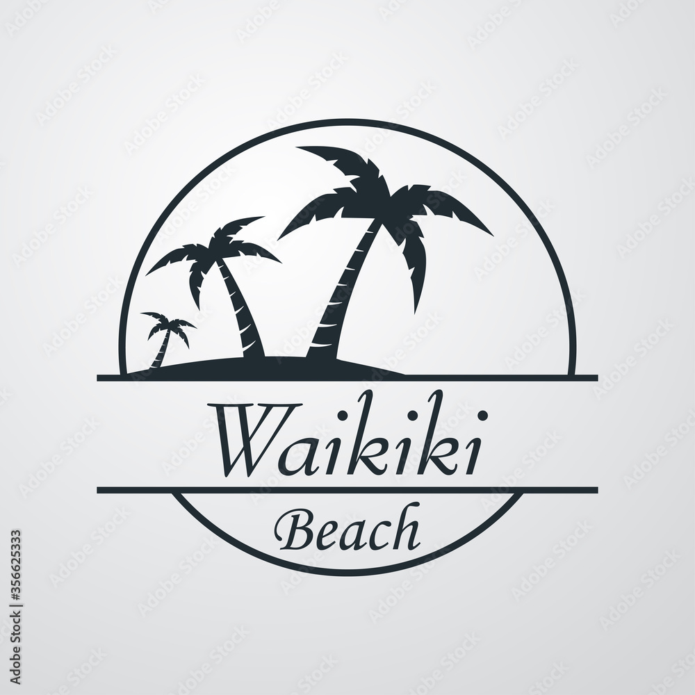 Símbolo destino de vacaciones. Icono plano texto Waikiki Beach en círculo con playa y palmeras en fondo gris