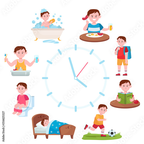 Child daily routine clocks flat vector illustration. Cartoon schedule of happy boy life from eating breakfast  going school to sleeping. Health and activity concept