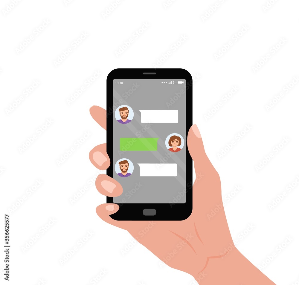 Hand holding mobile with live chat messenger app on screen. Hand holding mobile with live chat messenger app on screen.