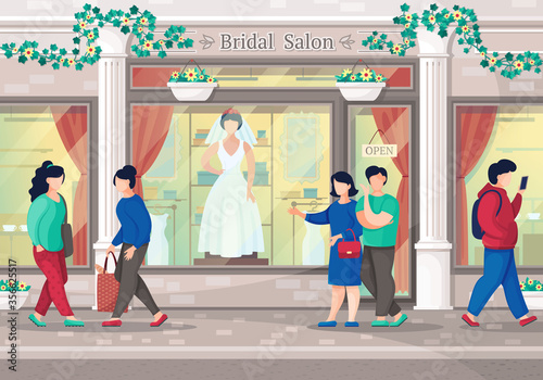 Couple go to shopping in wedding dress boutique. City bridal salon. Bridal shower composition in shop window. Shop store facade with girl mannequin dressed in white wedding dress. People on street