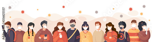 Coronavirus quarantine. Group of people wearing face medical masks to prevent disease protecting from virus, flu, air pollution, contaminated air, world pollution. Crowd of people surrounded covid-19