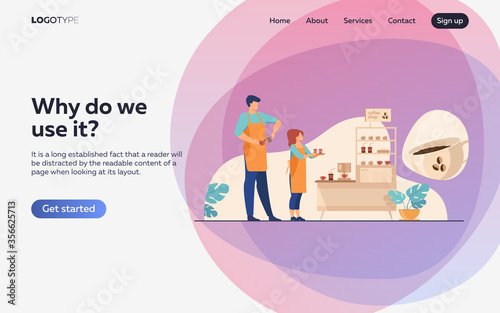 Baristas in coffee shop. Man and woman in aprons making coffee, offering takeaway cup at stand with machine and dessert. Vector illustration for coffee station, food and drink, cafe concept