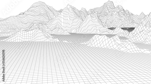 Landscape design of mountains. Wireframe landscape 3d. Vector illustration.