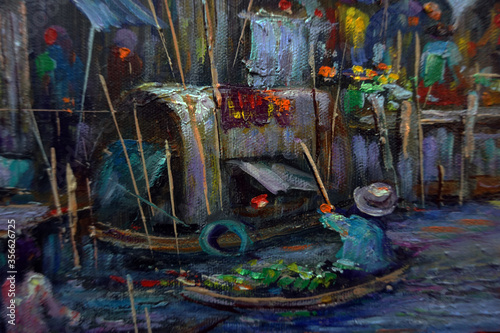 Art painting Oil color Floating market in Dark from Thai land