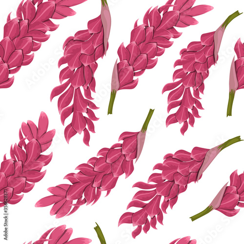 Tropical flowers seamless pattern. Ginger root image. Fabric print. Exotic textile design. Pink floral plant in cartoon style. Jungle flora