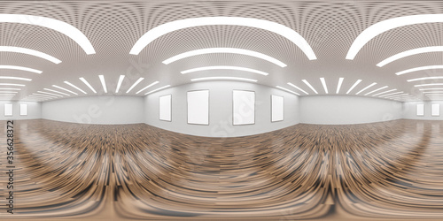 Fototapeta Naklejka Na Ścianę i Meble -  Emtpy gallery hall room with wooden floor and concrete wall with three empty blacnk picture frames, Interior design with Loft style 360 equirectangular panorama 3d rendering illustration