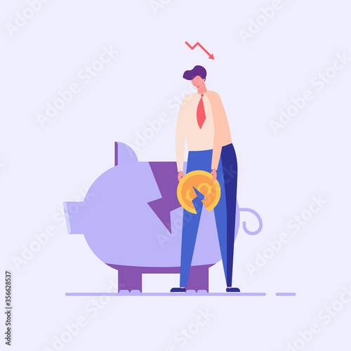 Sad businessman holding broken coin. Concept of financial crisis, Bankruptcy, money problem, fund downfall, falling income, risk and investment failure. Vector illustration in flat design for banner