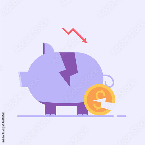 Broken piggy bank and old coin. Concept of financial crisis, Bankruptcy, money problem, fund downfall, falling income, risk and investment failure. Vector illustration in flat design for web banner