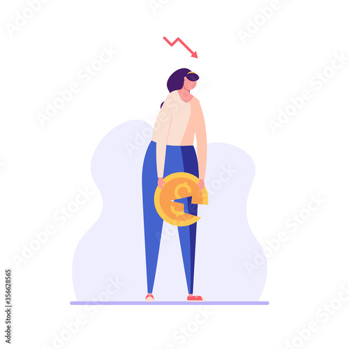 Sad woman holding broken coin. Concept of financial crisis, Bankruptcy, money problem, fund downfall, falling income, risk and investment failure. Vector illustration in flat design for web banner