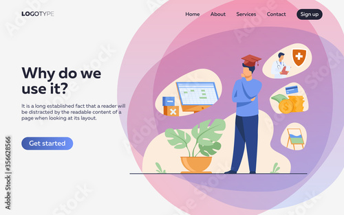 Male student choosing program in college. Young man in graduation cap thinking over future occupation. Vector illustration for opportunities, career advisor, choice concept