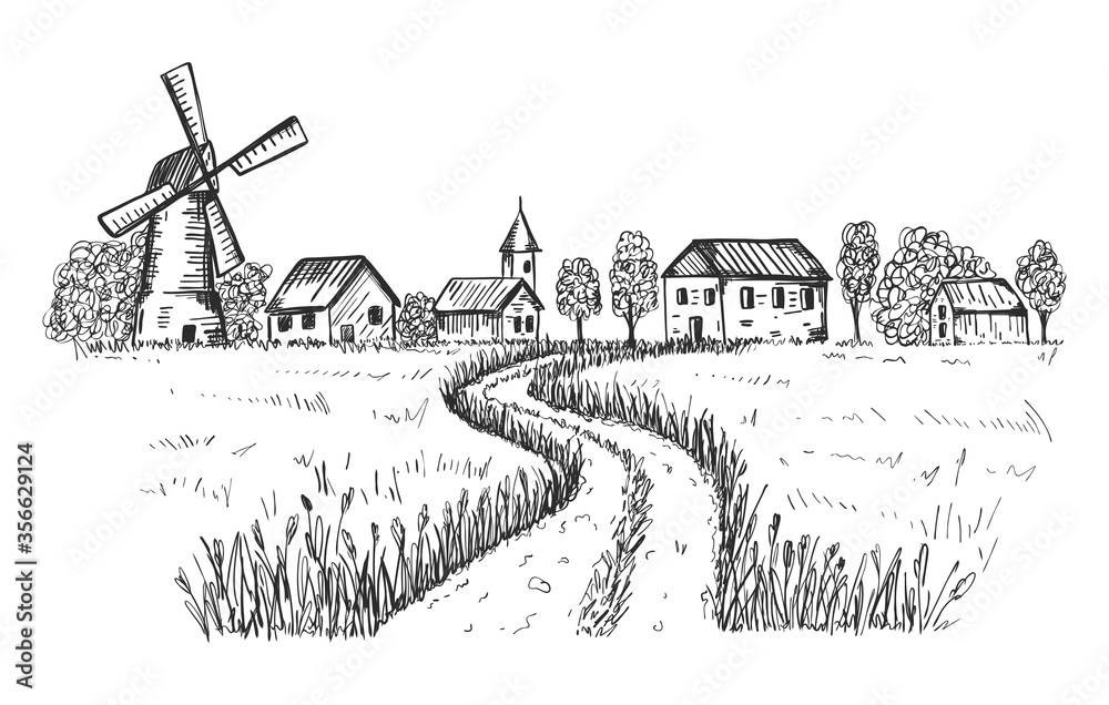 Sketch of a rural landscape. The road leading to the farm, houses, mill through a wheat field. Good for packaging eco-friendly, natural food. Engraved, etched image. Hand drawn. Black and white vector