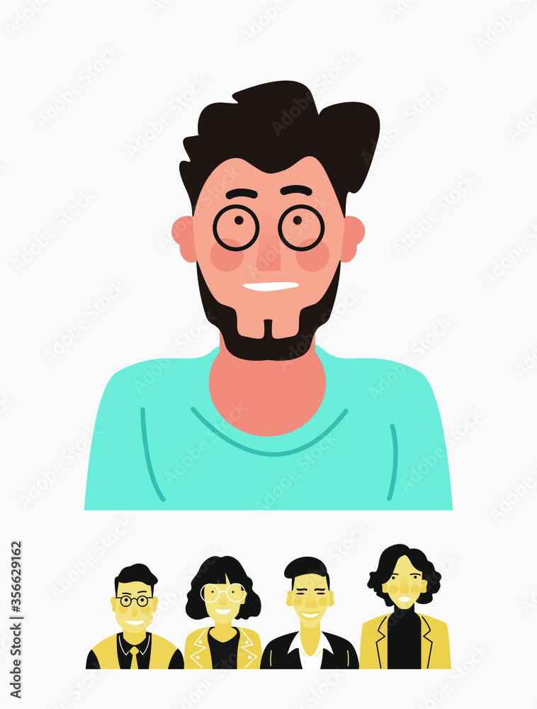 Bright person portrait. Avatars set. Hand drawn flat style. Illustration of male and female faces and shoulders. Vector people icons.