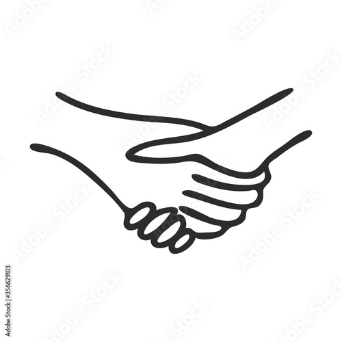A Doodle-style handshake. Symbol of an agreement, arrangement, or financial transaction. Hand drawn and isolated on a white background. Black and white vector illustration.