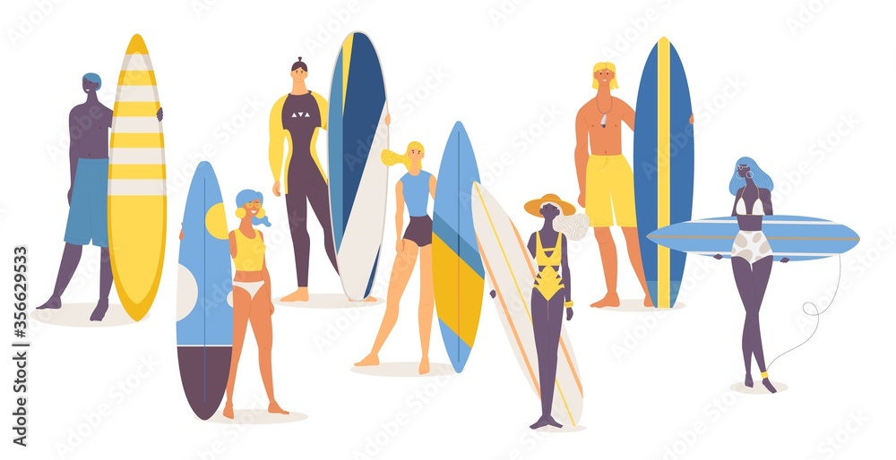 Set of happy young people of different nationalities with surfboards Set of happy young people of different nationalities with surfboards