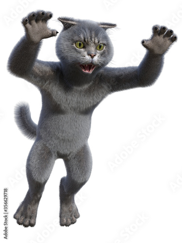 Obraz na plátně Jumping anthropomorphic cat with gray fur, open mouth, attacking claws, and angry green eyes