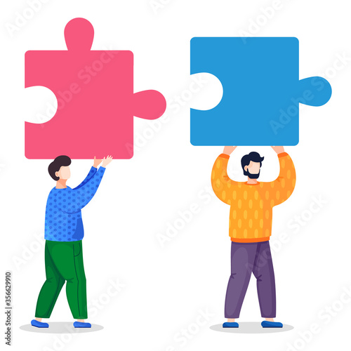 Isolated at white background vector illustration of two partners, colleagues or workers holding colorful puzzle elements. Joining, connecting pieces of jigsaw. Detail of business project in flat style
