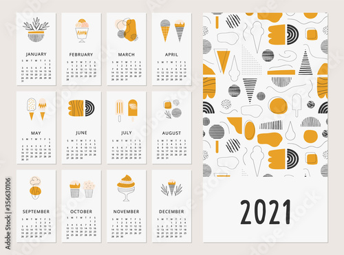 Cute calendar 2021 with abstract summer design. Elegant ice cream illustration. Vector template.