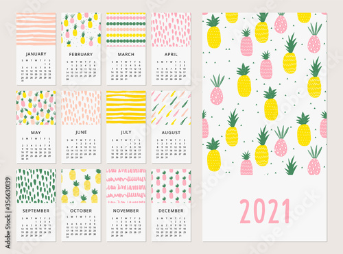 Cute calendar with tropical pineapples and brush patterns. Vector illustration.