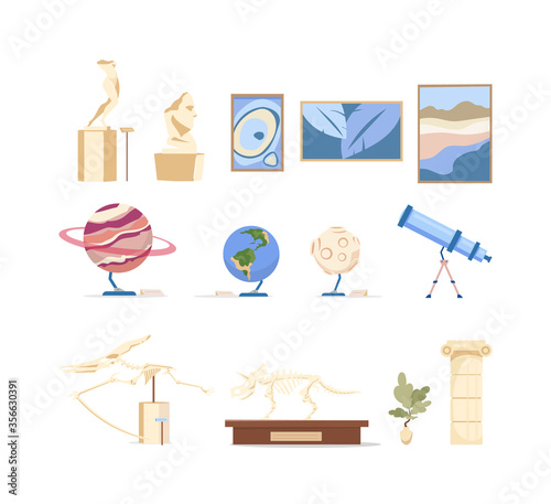 Museum exhibits flat color vector objects set © The img