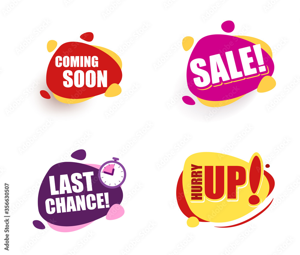 Naklejka Set Speech bubble announcement. coming soon Sale last chance hurry up Promotion Icon Offer. advertising sign. Vector banner in modern flat style on white.