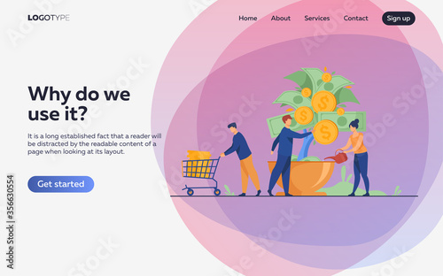 People growing money tree. Investors watering plant with cash, getting revenue. Vector illustration for business, finance, investment, growth, prosperity concept