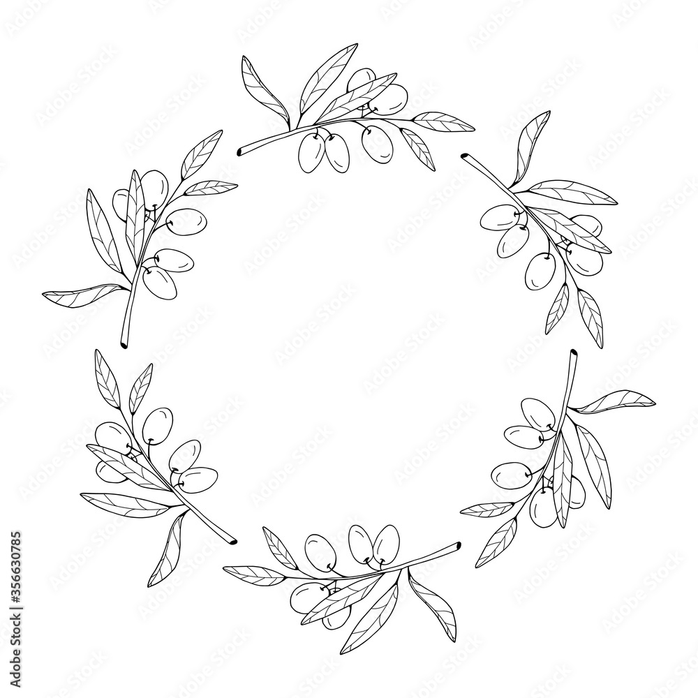 White and black graphic wreath made of olives. Isolated object on white background. Vector illustration.
