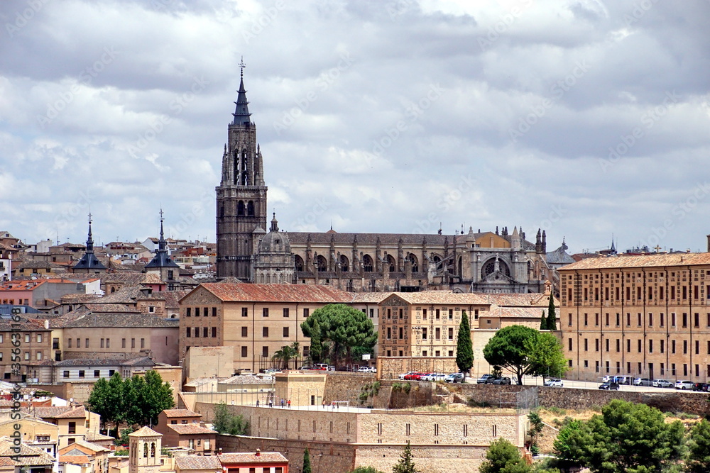 Panoramic view of the cathedral of toledo and adjacent housing community of castilla la mancha spain
