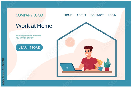 Web page template for a site dealing with trained remote specialties. .Man working on a laptop from home. Vector illustration Work at home, flat style.