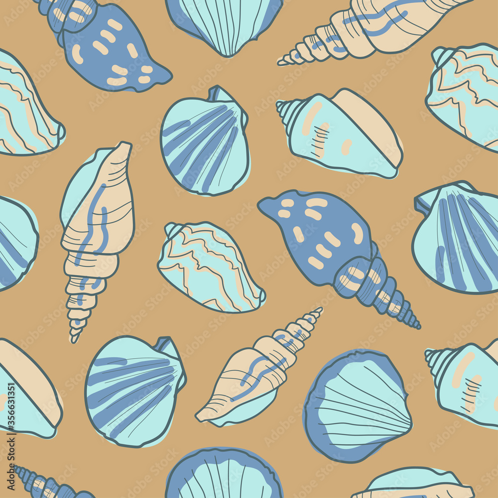 Seamless pattern with seashells. Marine background. Vector illustration in sketch style. Perfect for greetings, invitations, wrapping paper, textile, wedding and web design.