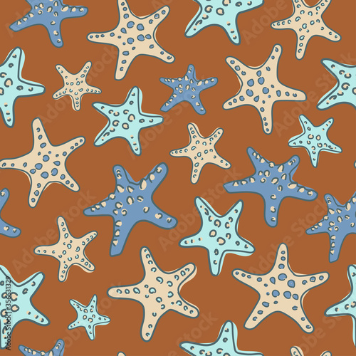 Seamless pattern with starfishes. Marine background. Vector illustration in sketch style. Perfect for greetings, invitations, wrapping paper, textile, wedding and web design.