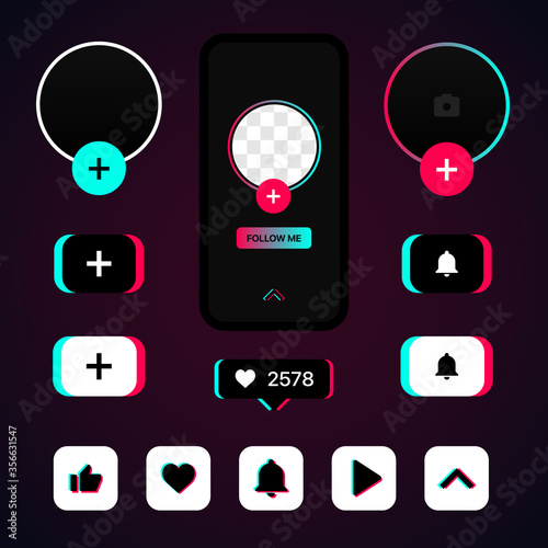 TikTok Social Media Set. TikTok Duotone Icons. TikTok Elements. Swipe Icon. Subscribe Icon. Like Icon. Play Icon. Vector Illustration On Gradient Background photo