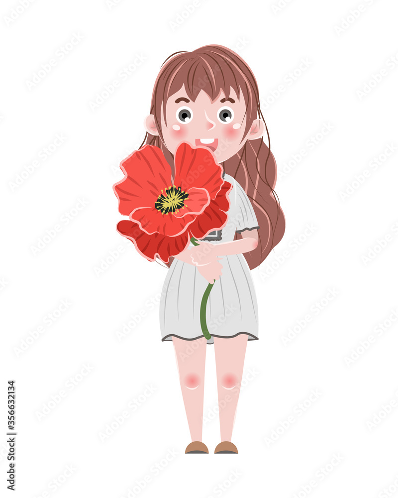 Cute cartoon girl in a simple dress holding a big red poppy flower. Wildflowers. Children's vector illustration