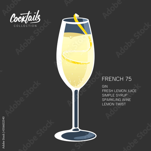 French 75 Cocktail Sparkling lemon glass vector illustration