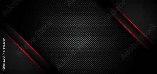 Abstract metallic red shiny color black frame layout modern tech design template on carbon fiber material background and texture