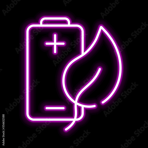 Eco battery pink glowing neon ui ux icon. Glowing sign logo vector