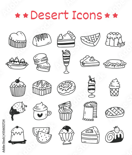 Set of Dessert Icons in Doodle Style Illustration