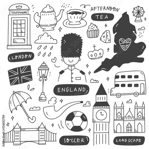 England Travel Destination Doodle Set Vector Illustration