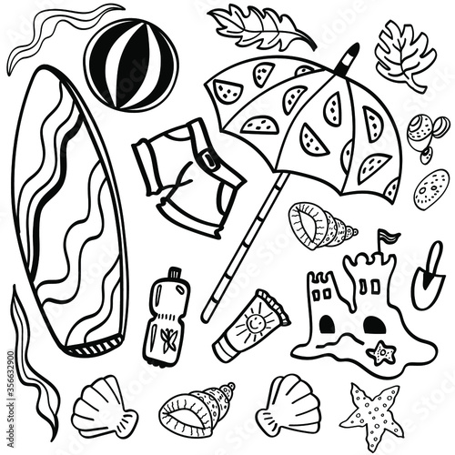 set of vector illustration  summer doodle staff  with surfboard. summer time. Travel illustrations.