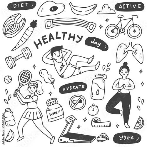 Set of Exercise People with Food and Equipment in Doodle Style Illustration