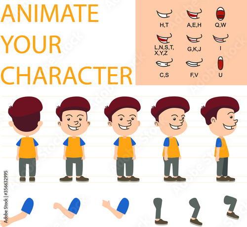 Front, side, back view animated characters. Male Students creation set with various views, hairstyles, face emotions, Muslim, Cartoon style, flat vector illustration, Character Muslim, boy.