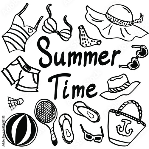set of vector illustration  summer doodle staff  with lettering. summer time. fashion accessories.