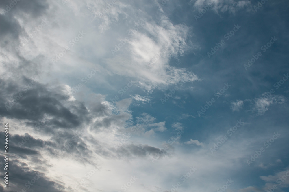 feathery layered turquoise clouds in the summer evening sky