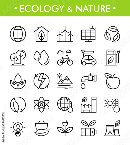 Vector set of ecology and nature icons in flat style. Eco illustration of ecology problem, recycle and zero waste concept.  Environmental energy for website, banner, mobile concept. Outline icons