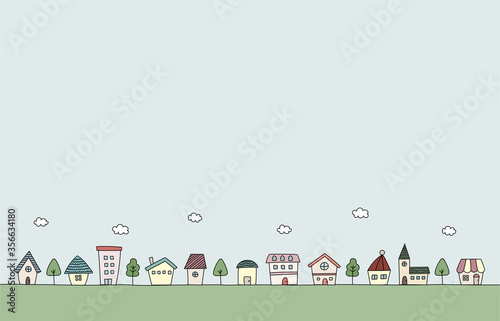 手書きの街並のイラストのセット／家／背景