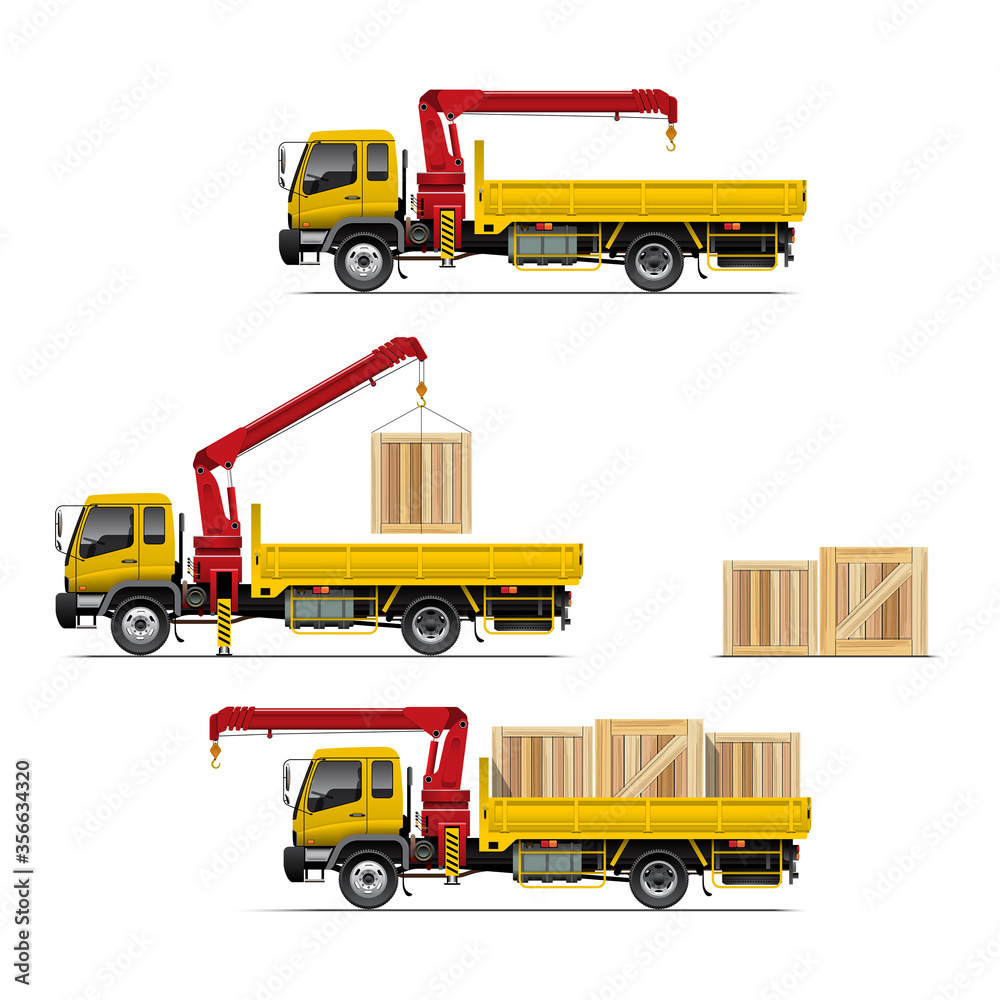 VECTOR EPS10 - yellow flatbed truck with red mounted crane lifting a box on tray, isolated on white background. VECTOR EPS10 - yellow flatbed truck with red mounted crane lifting a box on tray, isolated on white background.