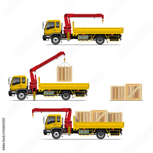 VECTOR EPS10 - yellow flatbed truck with red mounted crane lifting a box on tray, isolated on white background.